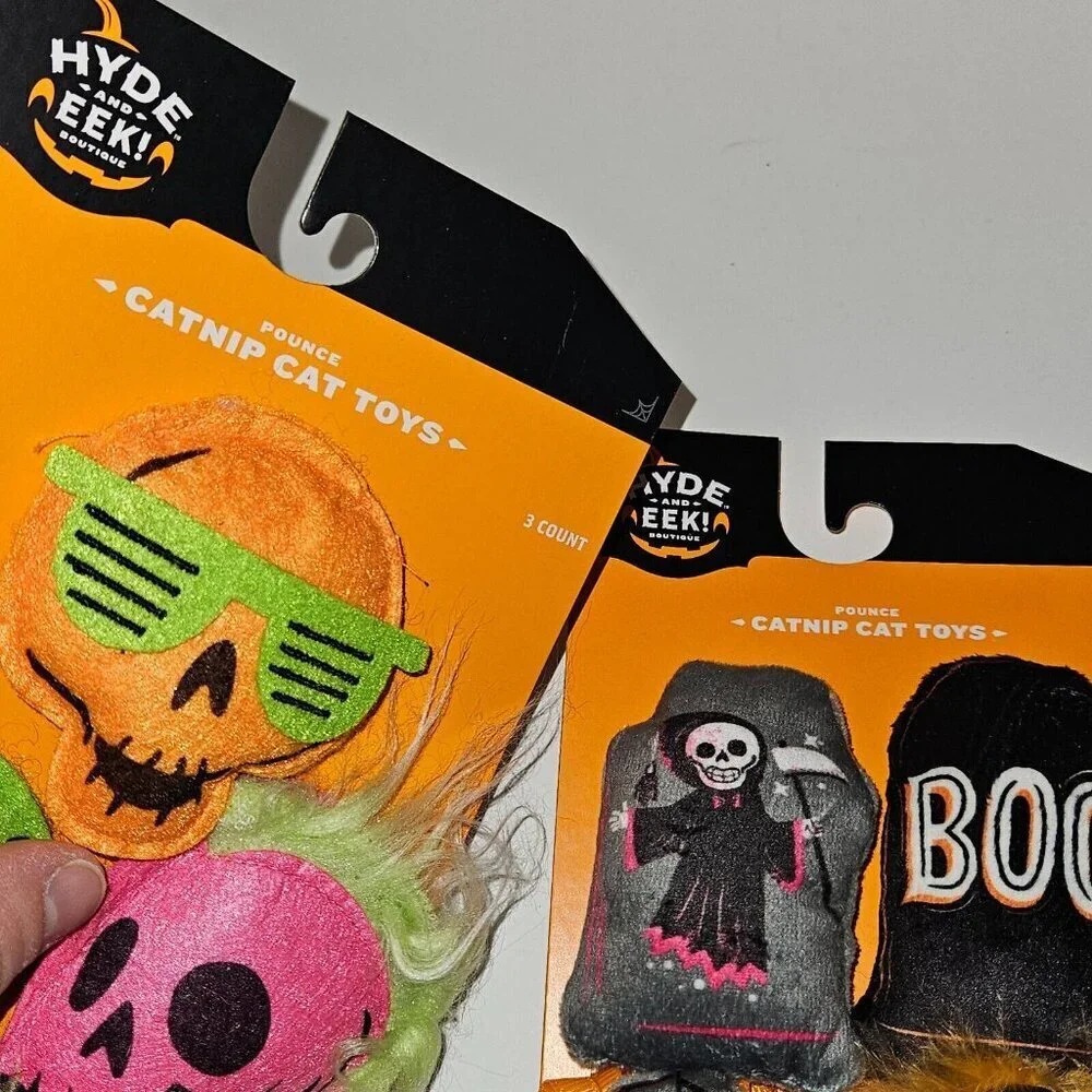 NEW 2 Pks Halloween Pet Catnip Cat Toys Lot Skeleton Skull Hyde & Eek